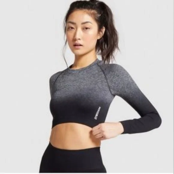 Gymshark Adapt Ombre Seamless LS Crop Top Black/Black Marl Small - Picture 2 of 11
